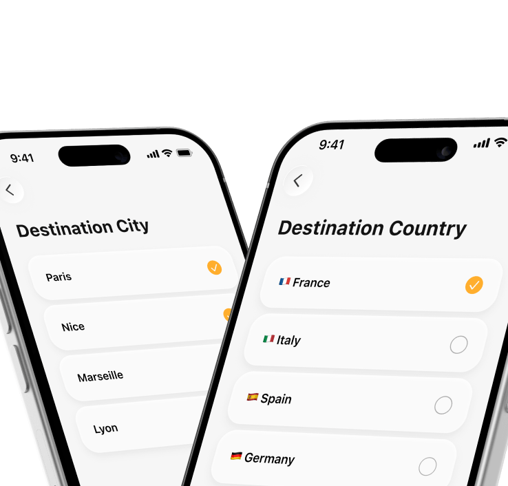Step 1: Choose country and city interface